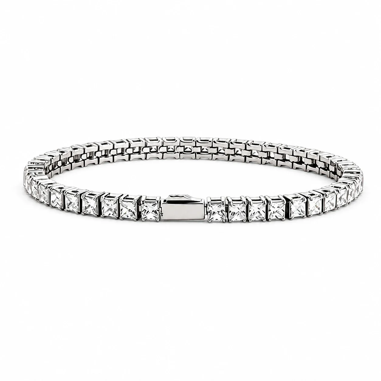 Polished 316 Stainless Steel Square CZ Tennis Bracelet