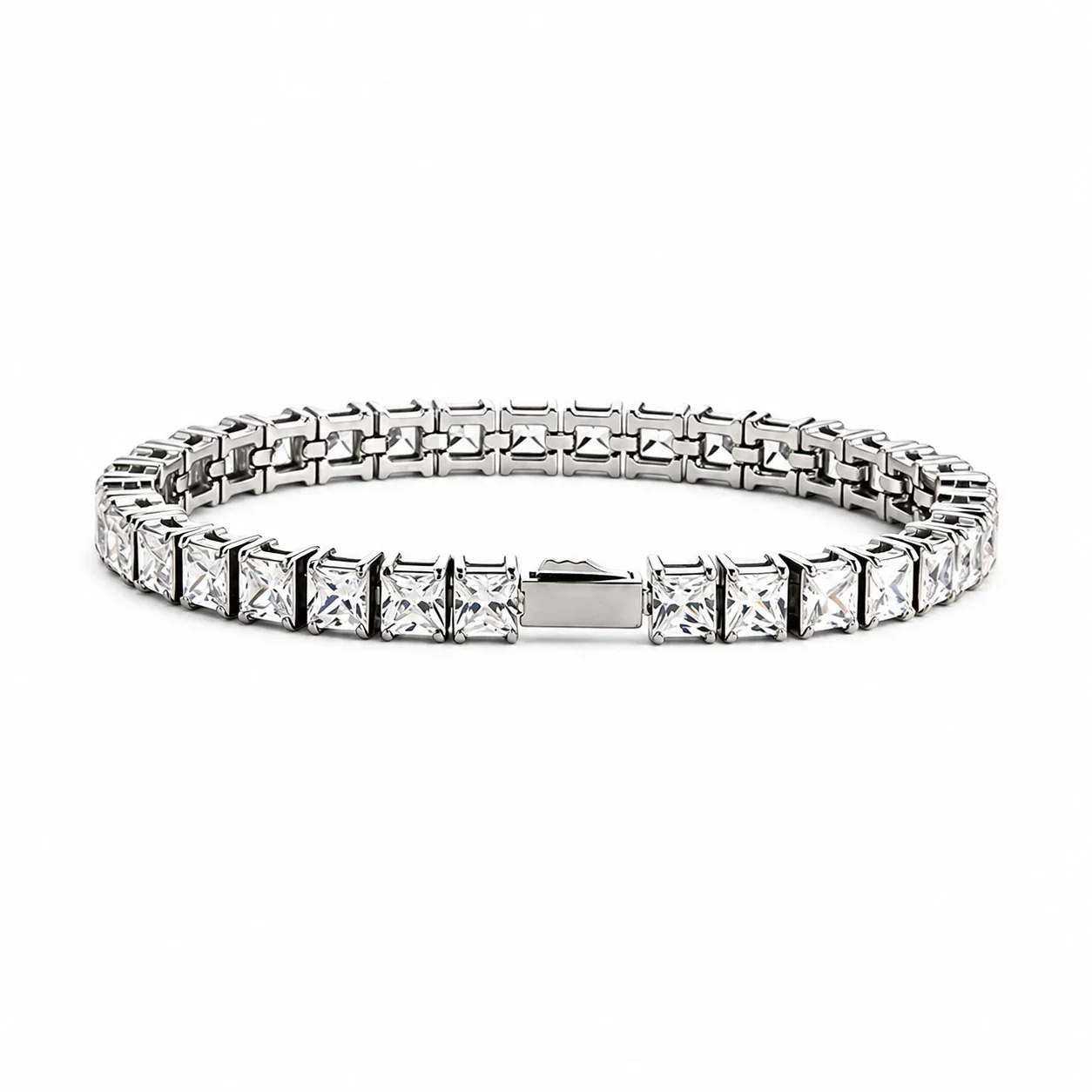 Polished 316 Stainless Steel Square CZ Tennis Bracelet