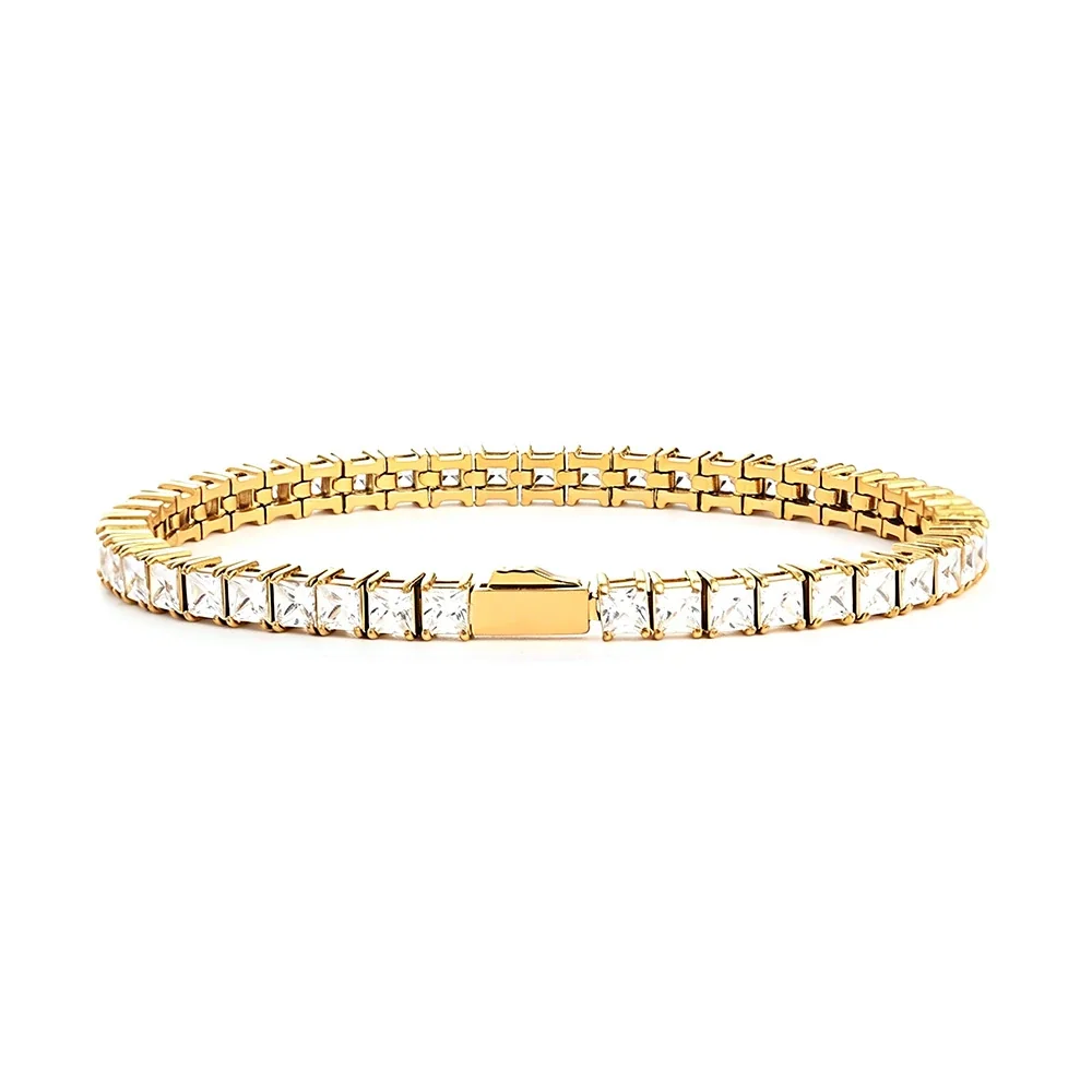 Polished 316 Stainless Steel Square CZ Tennis Bracelet - Gold mm Square