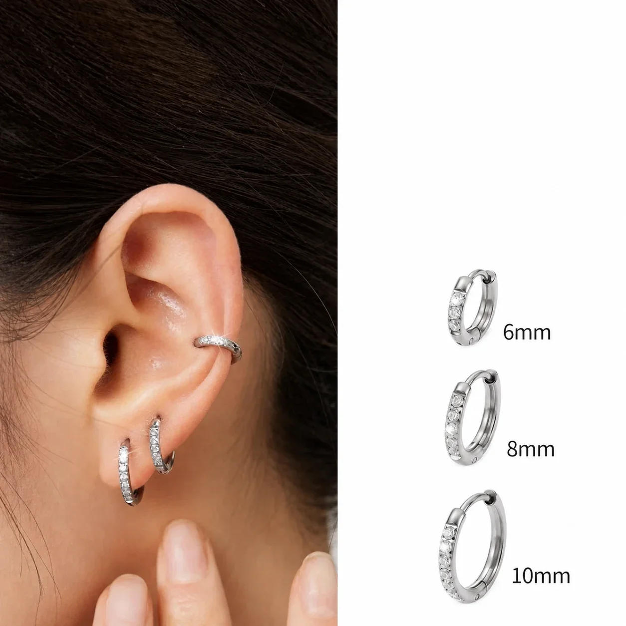 Polished 316 Stainless Steel Pave Hoop Ear Cuff