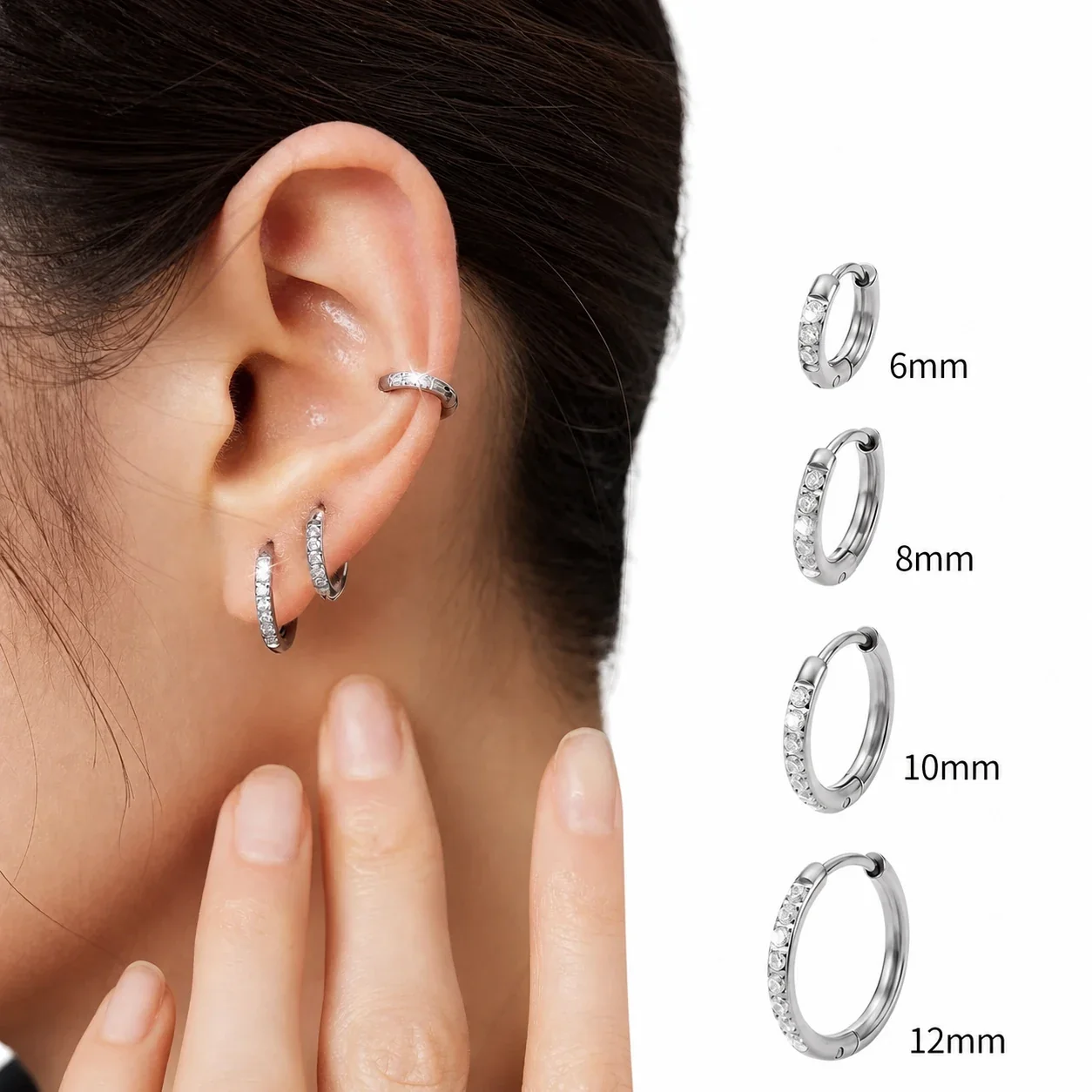 Polished 316 Stainless Steel Pave Hoop Ear Cuff