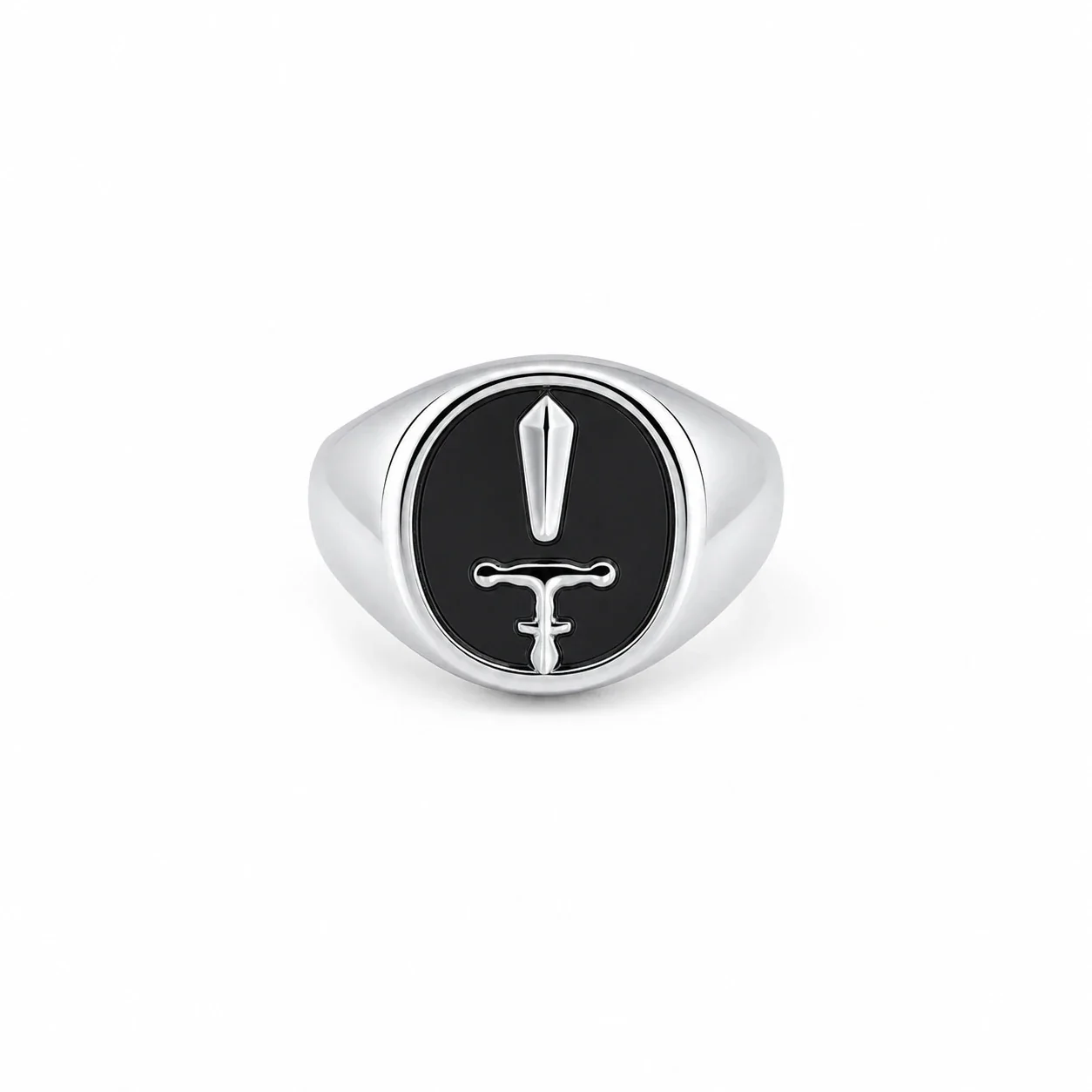 Anello chevalier con spada in smalto nero, acciaio inox 316 placcato argento