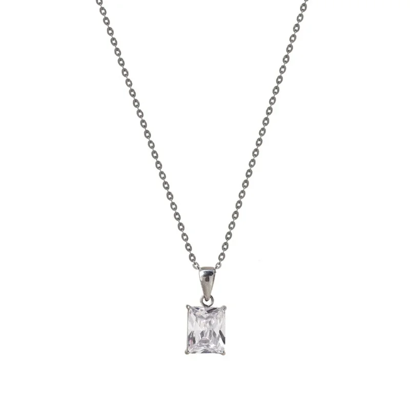 Sleek Stainless Steel Square CZ Pendant Necklace
