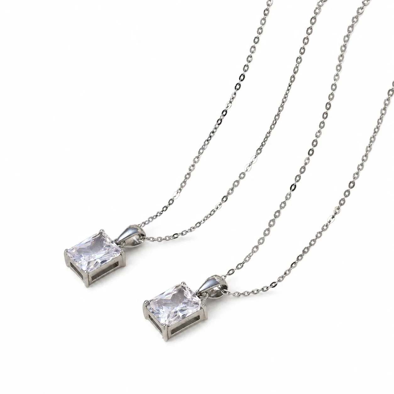 Sleek Stainless Steel Square CZ Pendant Necklace