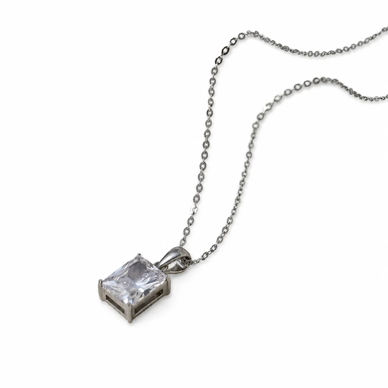 Sleek Stainless Steel Square CZ Pendant Necklace