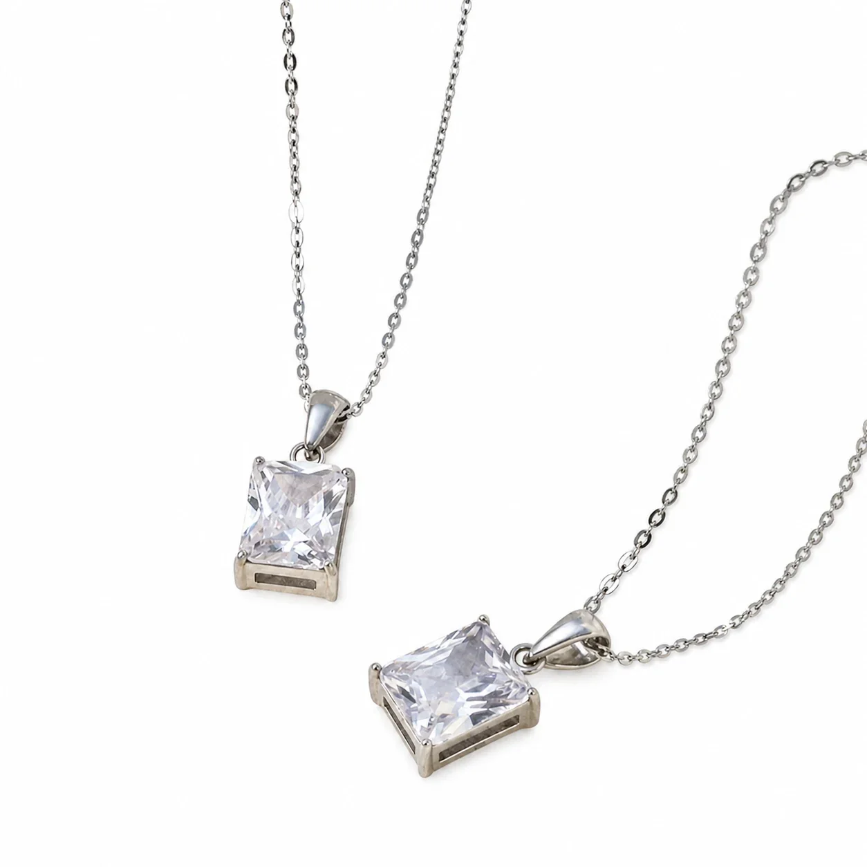 Sleek Stainless Steel Square CZ Pendant Necklace