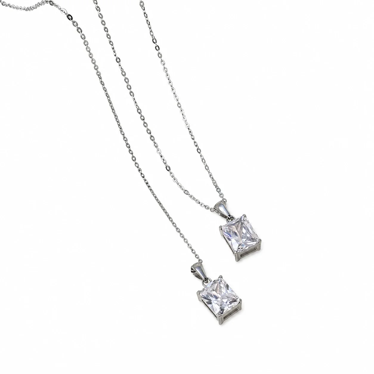 Sleek Stainless Steel Square CZ Pendant Necklace