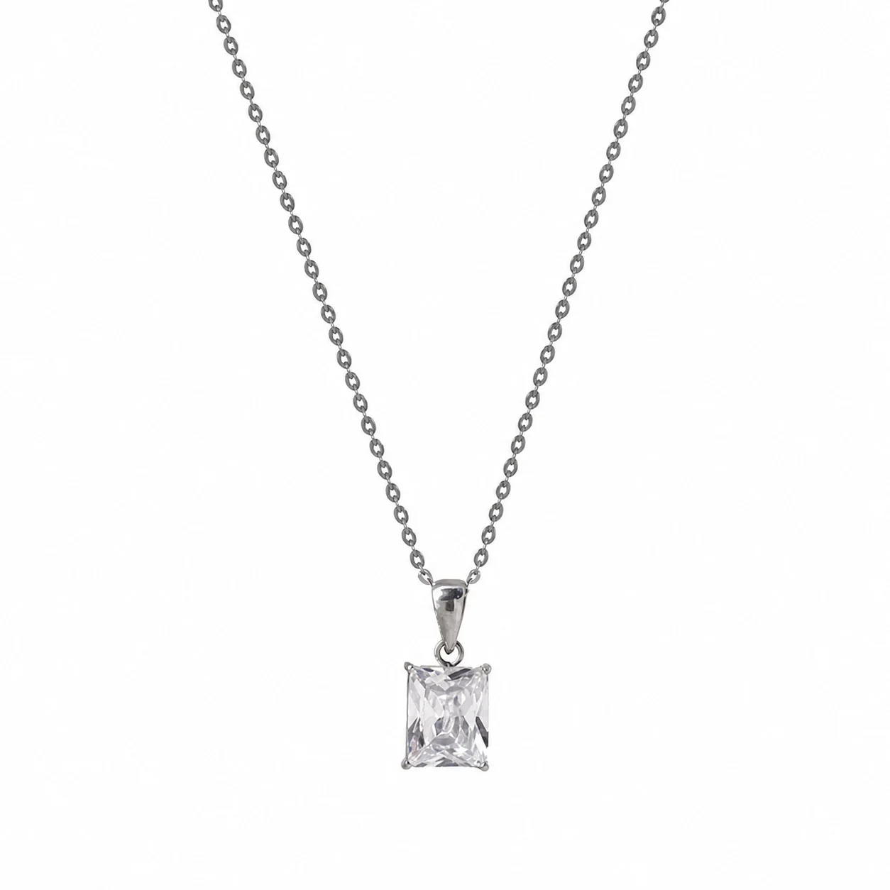 Sleek Stainless Steel Square CZ Pendant Necklace - Silver