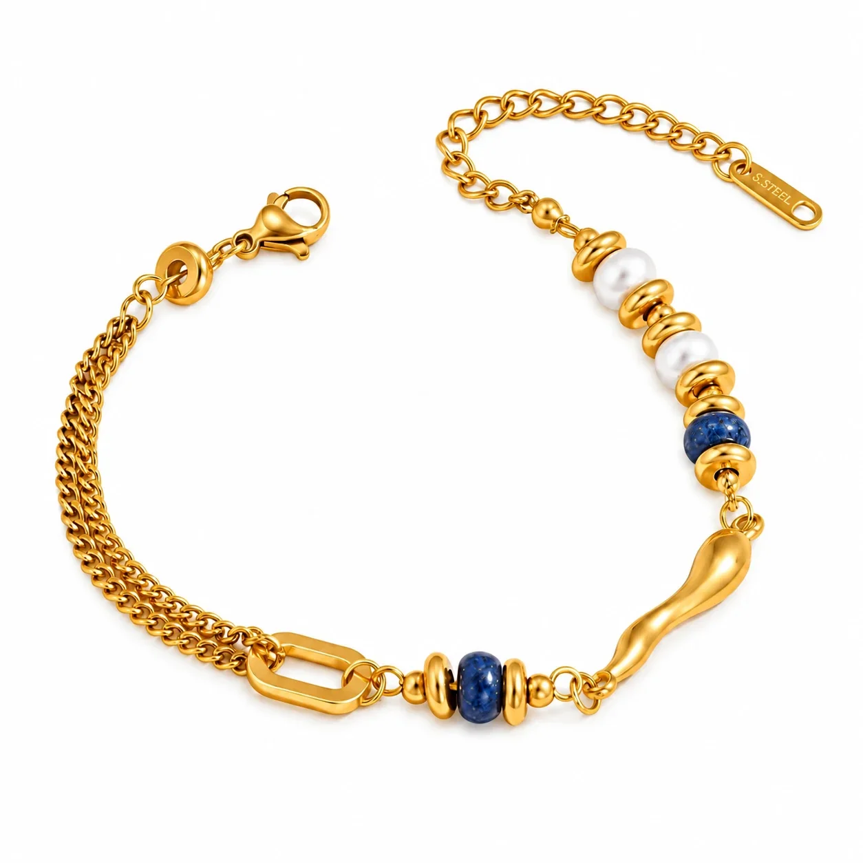 Chain Bracelet with Lapis Beads, Pearls & Gold-Plated Steel