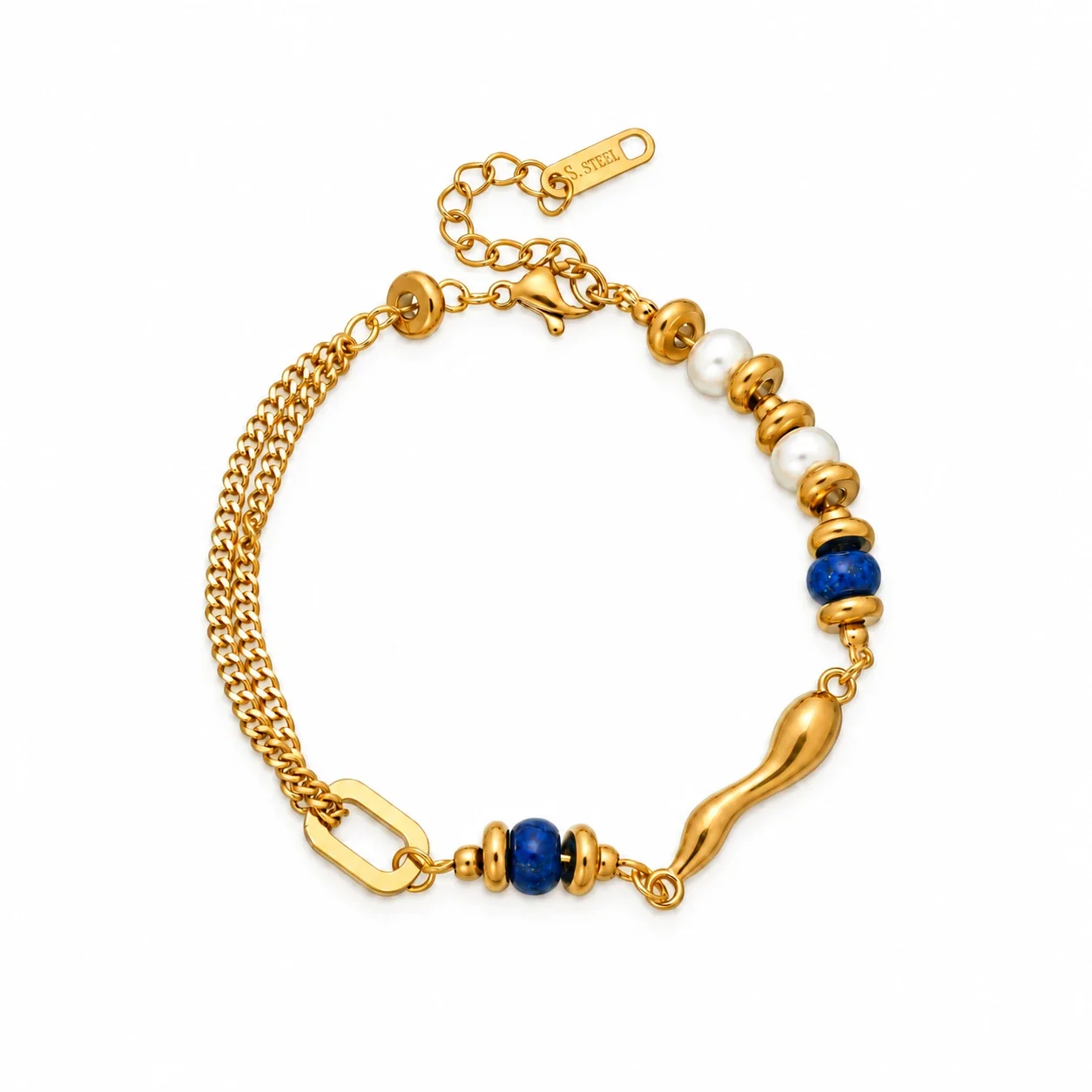 Chain Bracelet with Lapis Beads, Pearls & Gold-Plated Steel