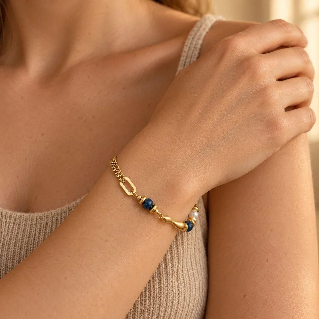 Chain Bracelet with Lapis Beads, Pearls & Gold-Plated Steel