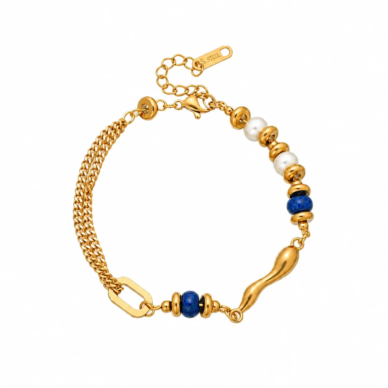 Chain Bracelet with Lapis Beads, Pearls & Gold-Plated Steel