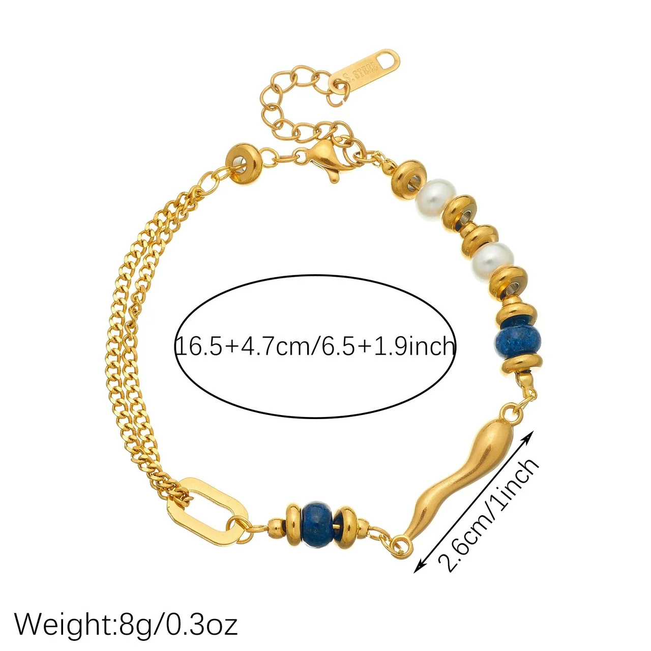 Chain Bracelet with Lapis Beads, Pearls & Gold-Plated Steel - Gold