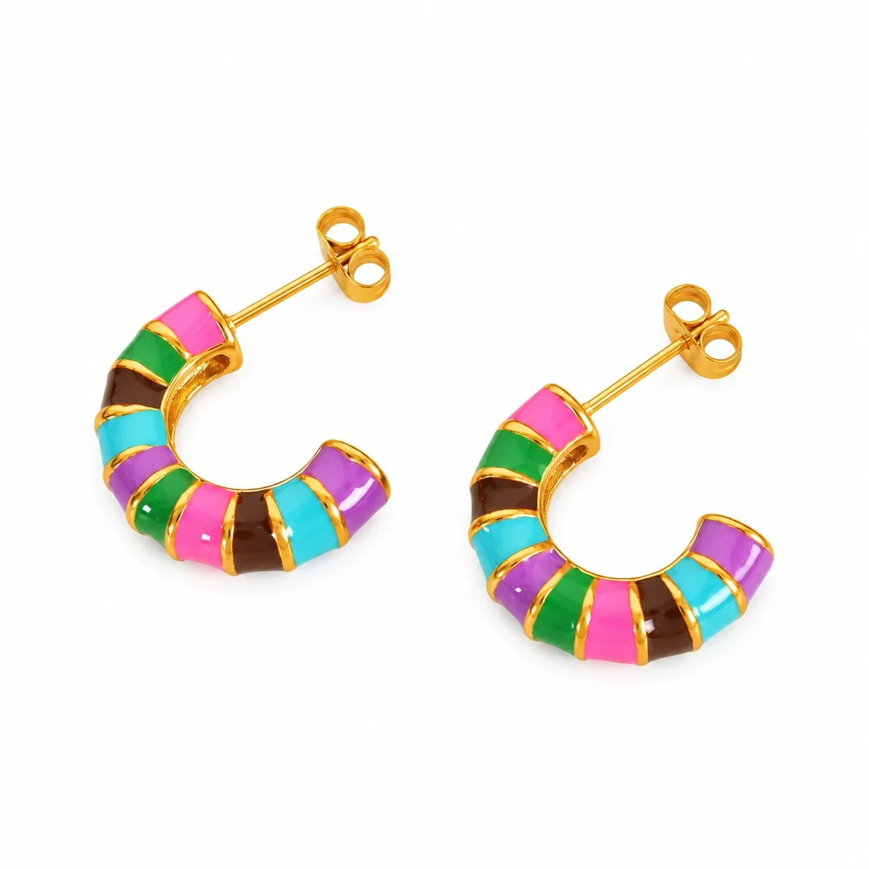 Hoop Earrings with Multicolor Enamel Segments, Gold-Plated