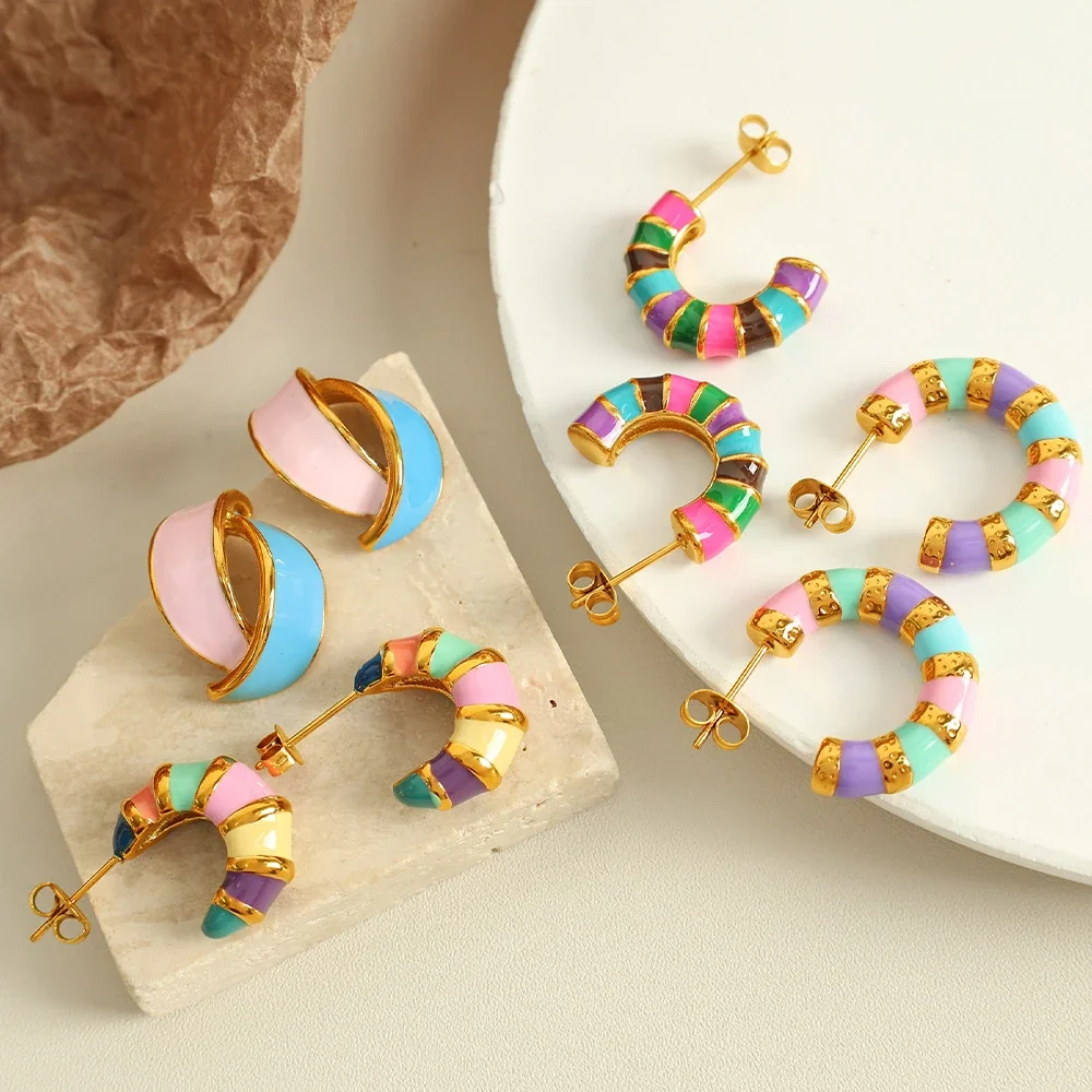 Hoop Earrings with Multicolor Enamel Segments, Gold-Plated