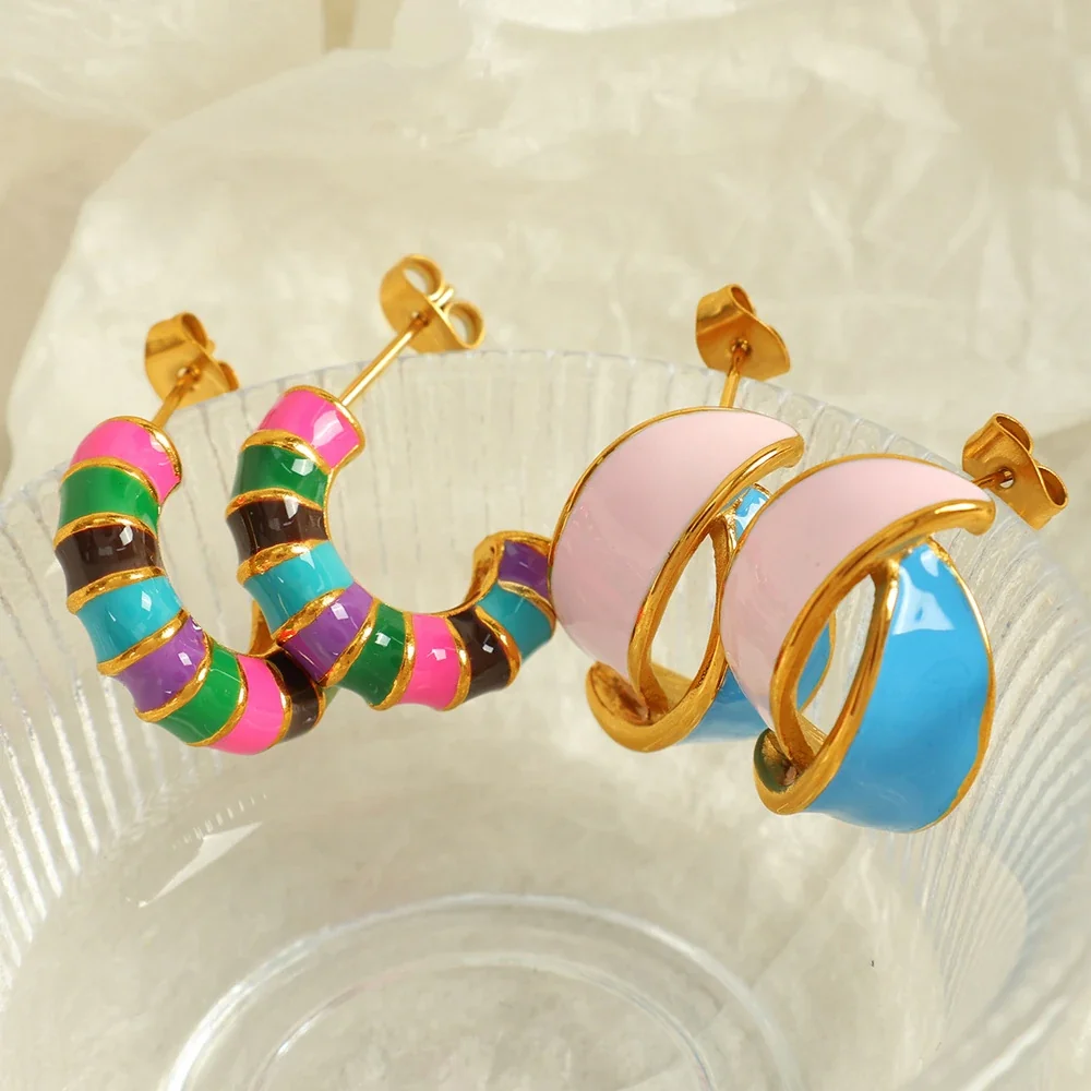 Hoop Earrings with Multicolor Enamel Segments, Gold-Plated