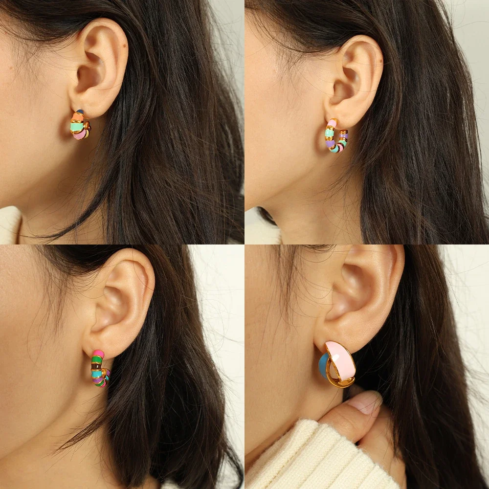 Hoop Earrings with Multicolor Enamel Segments, Gold-Plated