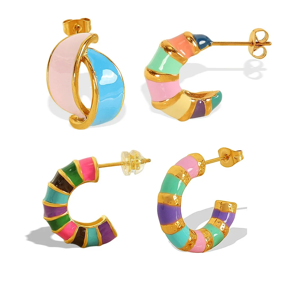 Hoop Earrings with Multicolor Enamel Segments, Gold-Plated