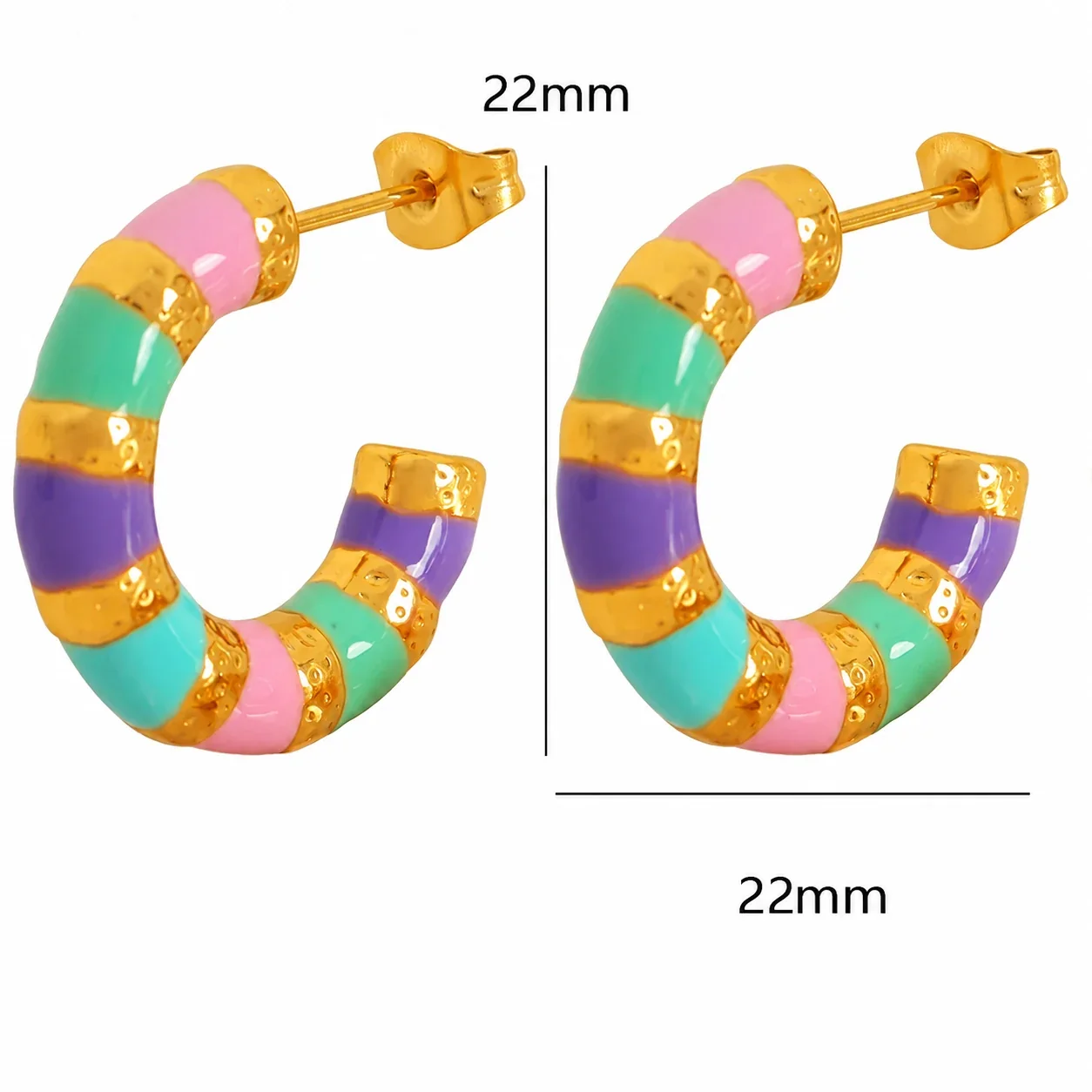 Hoop Earrings with Multicolor Enamel Segments, Gold-Plated - Gold Multicolor Enamel Textured Hoop