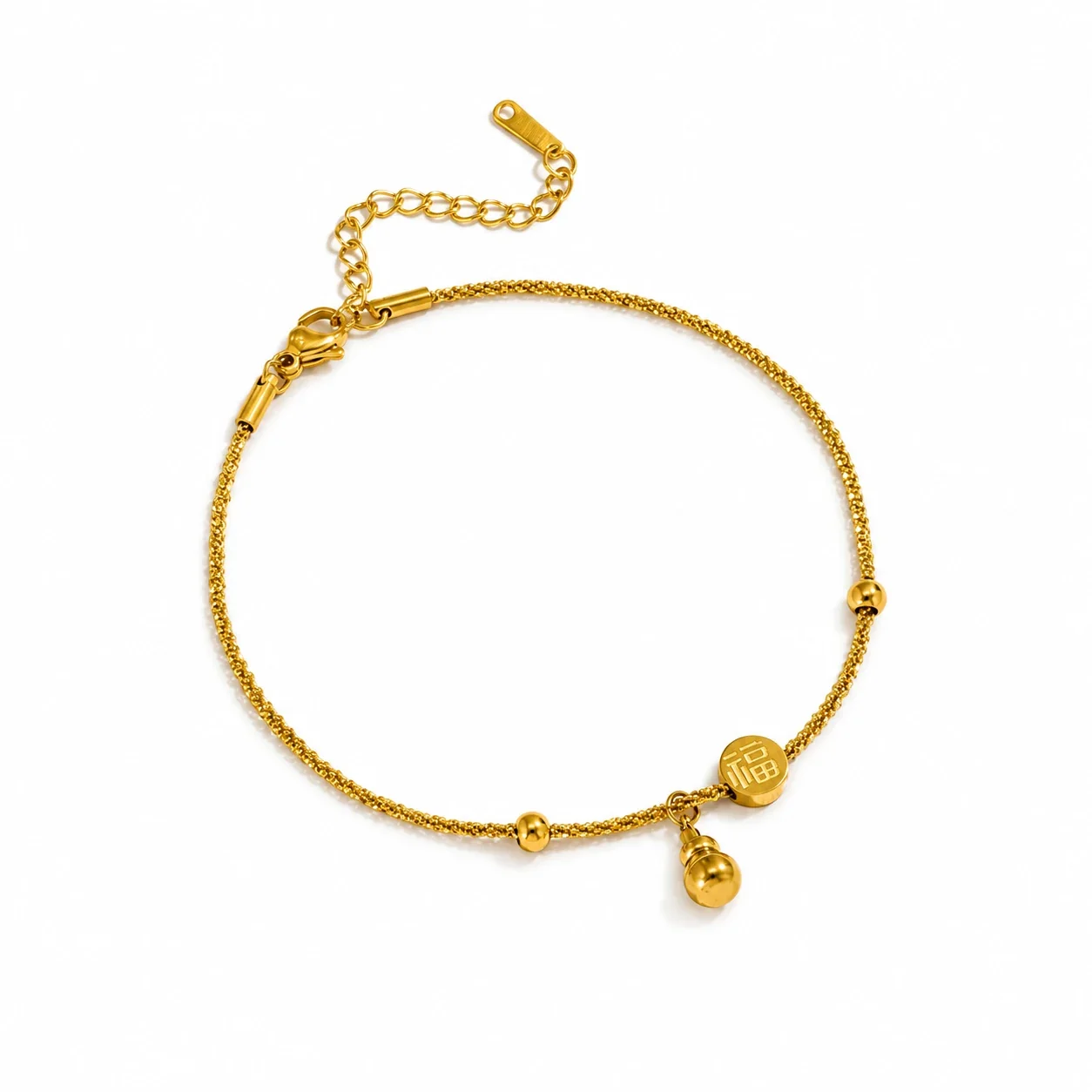 Anklet with Fortune Disc and Gourd Charm, Stainless Steel