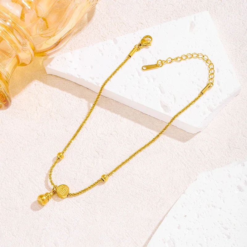 Anklet with Fortune Disc and Gourd Charm, Stainless Steel