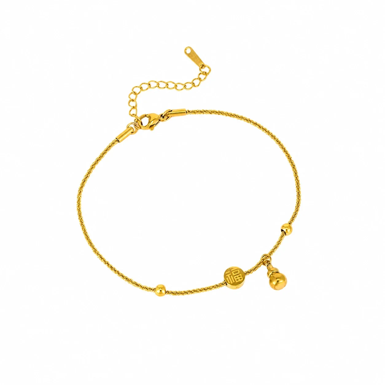 Anklet with Fortune Disc and Gourd Charm, Stainless Steel
