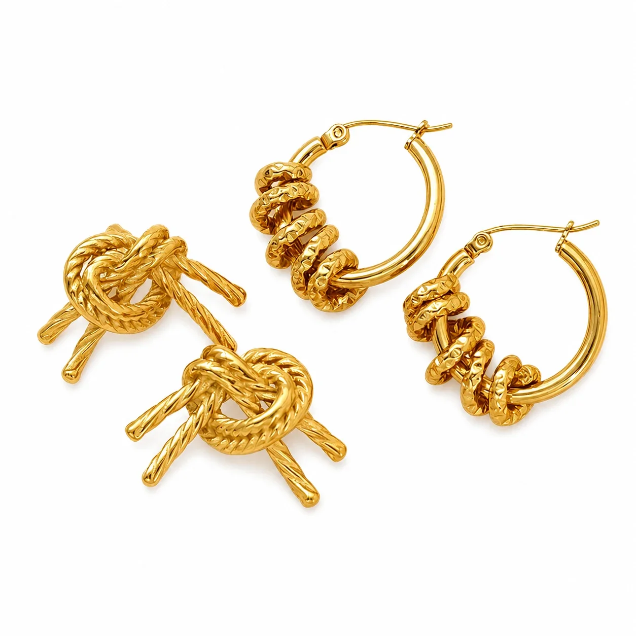 Sculptural Gold-Plated Knot Stud Hoop Earrings