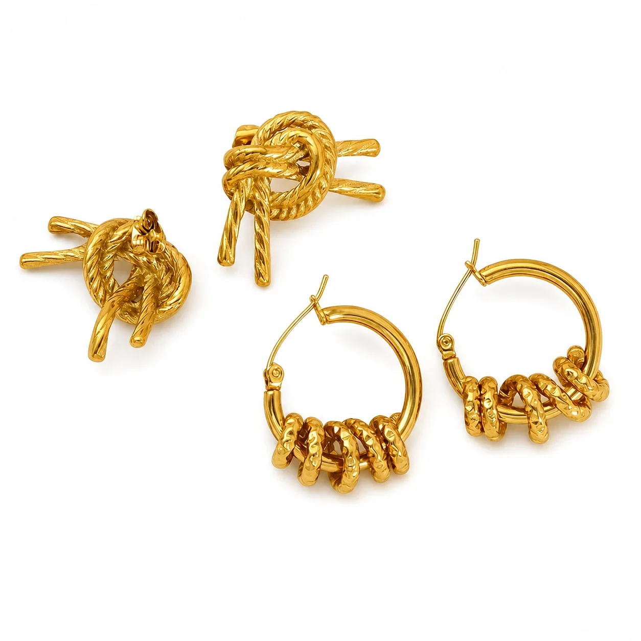 Sculptural Gold-Plated Knot Stud Hoop Earrings