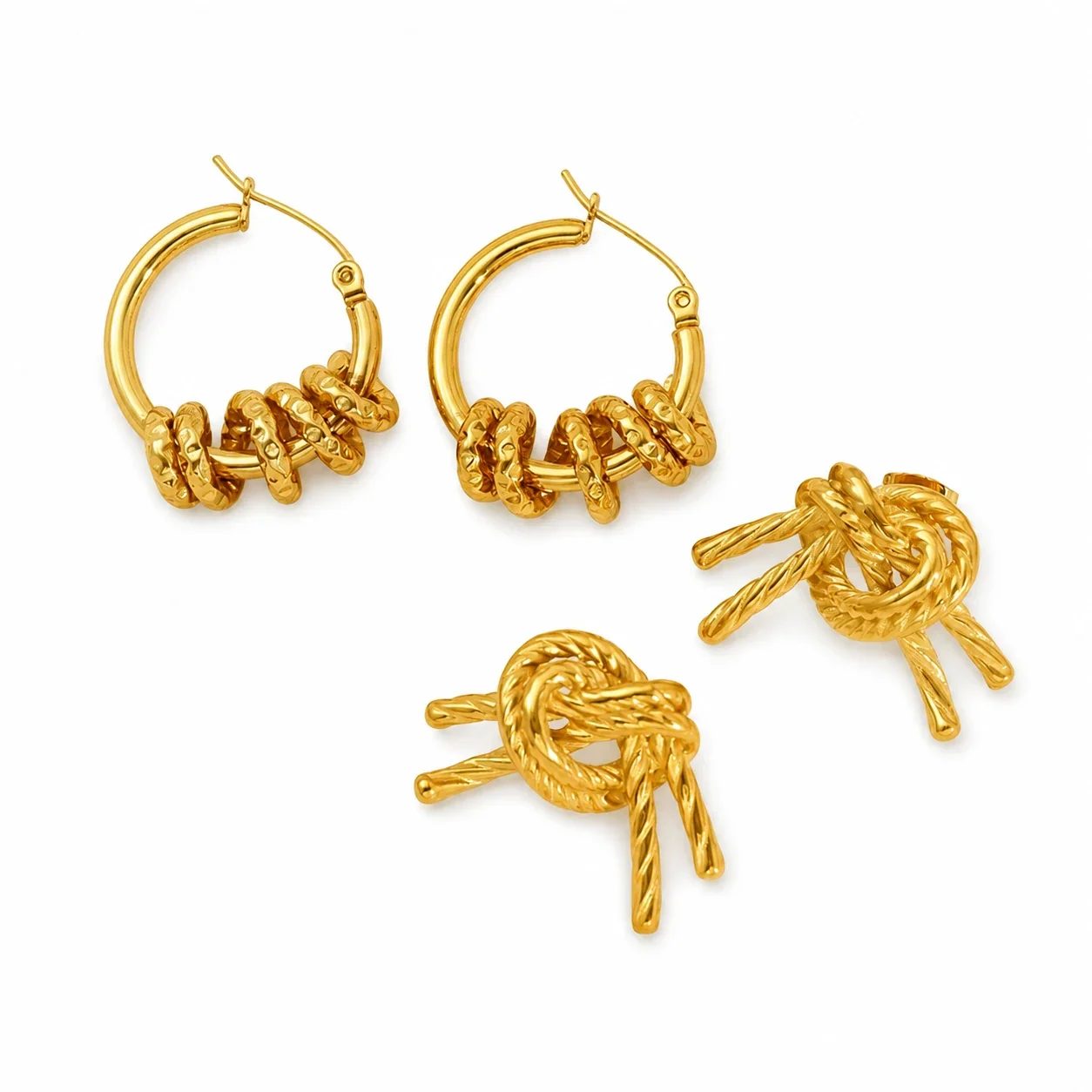 Sculptural Gold-Plated Knot Stud Hoop Earrings