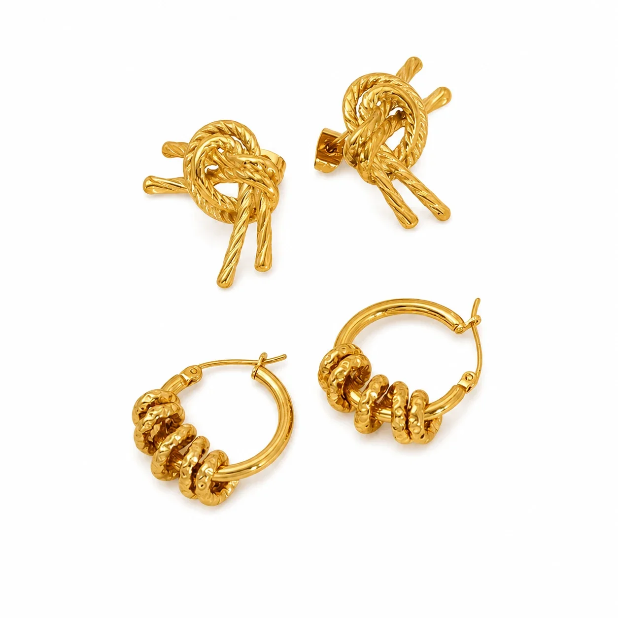 Sculptural Gold-Plated Knot Stud Hoop Earrings