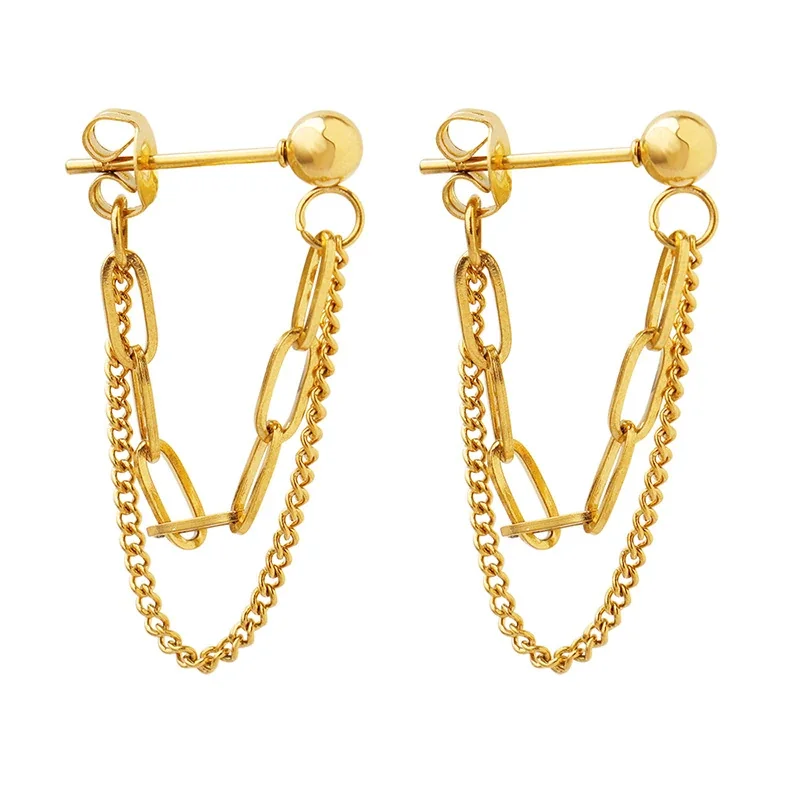 Drop Earrings with Paperclip Links & Curb Chains, Gold-Plated Steel