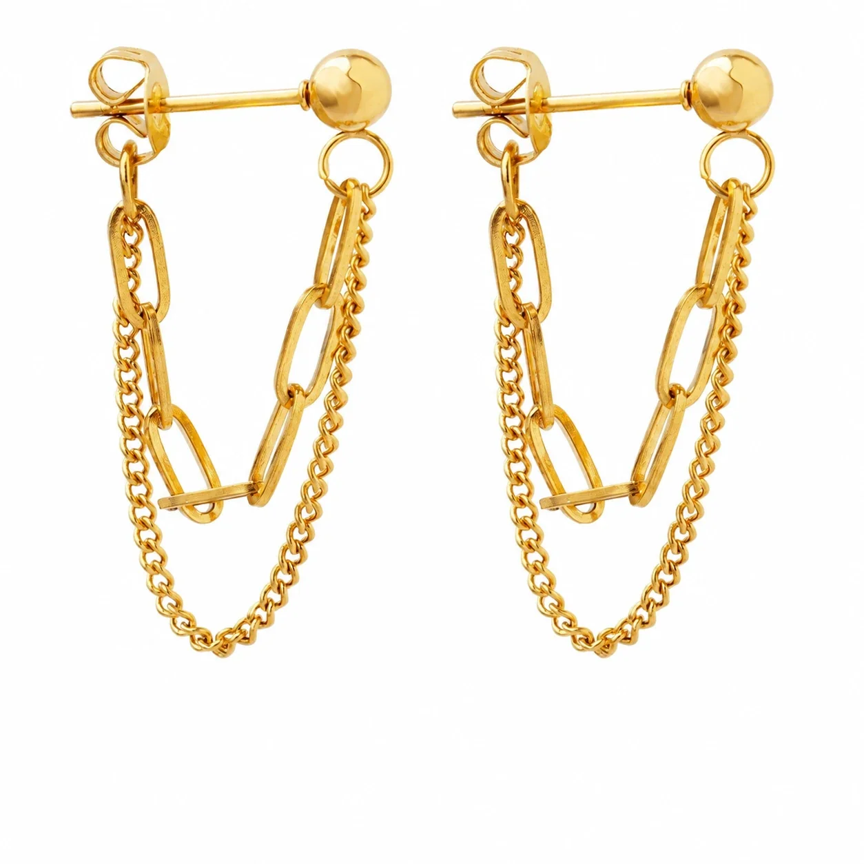 Drop Earrings with Paperclip Links & Curb Chains, Gold-Plated Steel