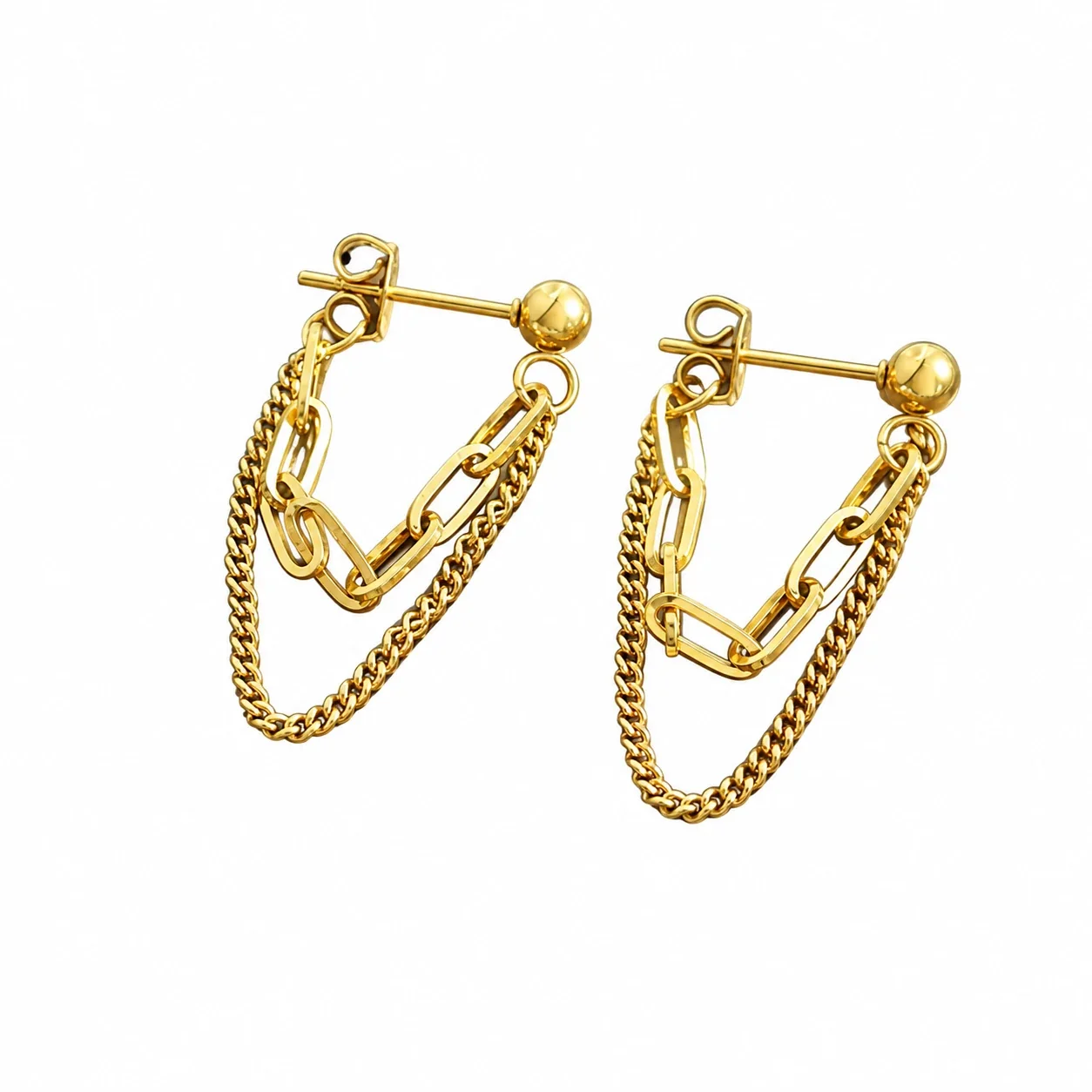 Drop Earrings with Paperclip Links & Curb Chains, Gold-Plated Steel