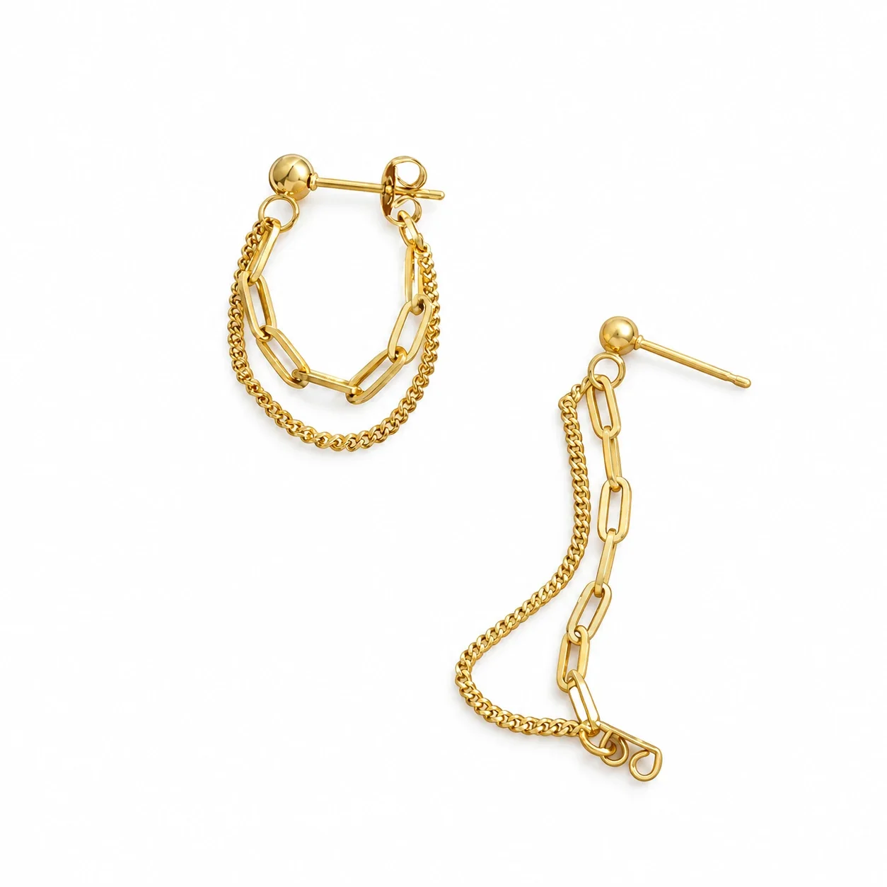 Drop Earrings with Paperclip Links & Curb Chains, Gold-Plated Steel