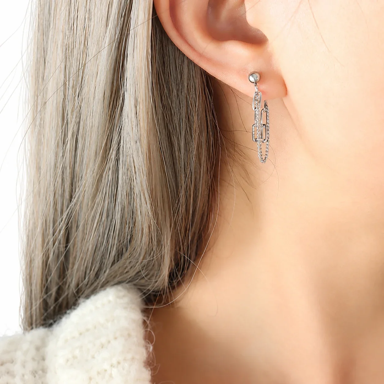 Drop Earrings with Paperclip Links & Curb Chains, Gold-Plated Steel - Silver