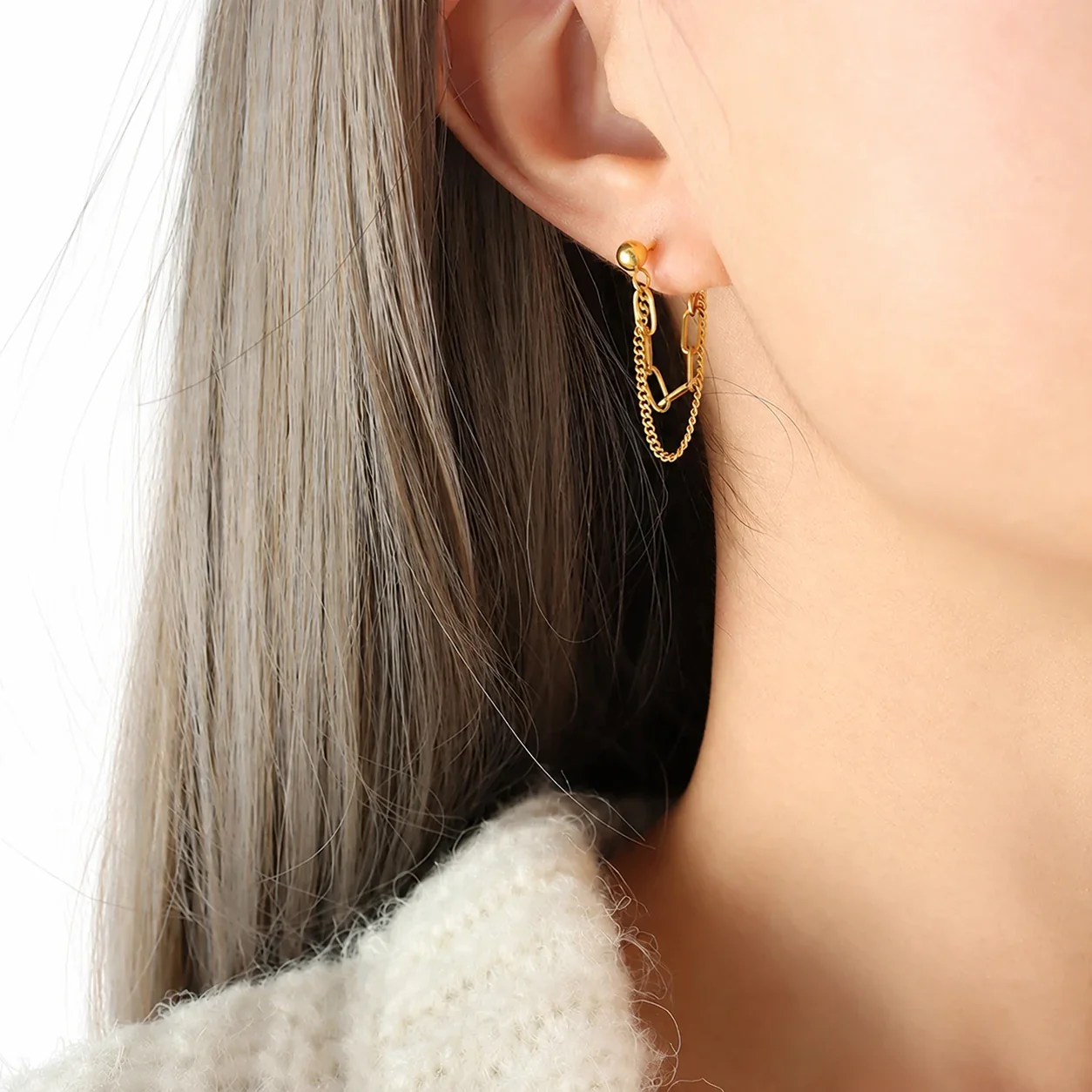 Drop Earrings with Paperclip Links & Curb Chains, Gold-Plated Steel - Gold