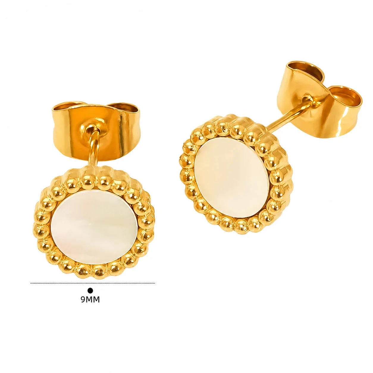 Romantic Gold-Plated Stainless Steel Shell Inlay Beaded Stud Earrings - Gold Round Shell