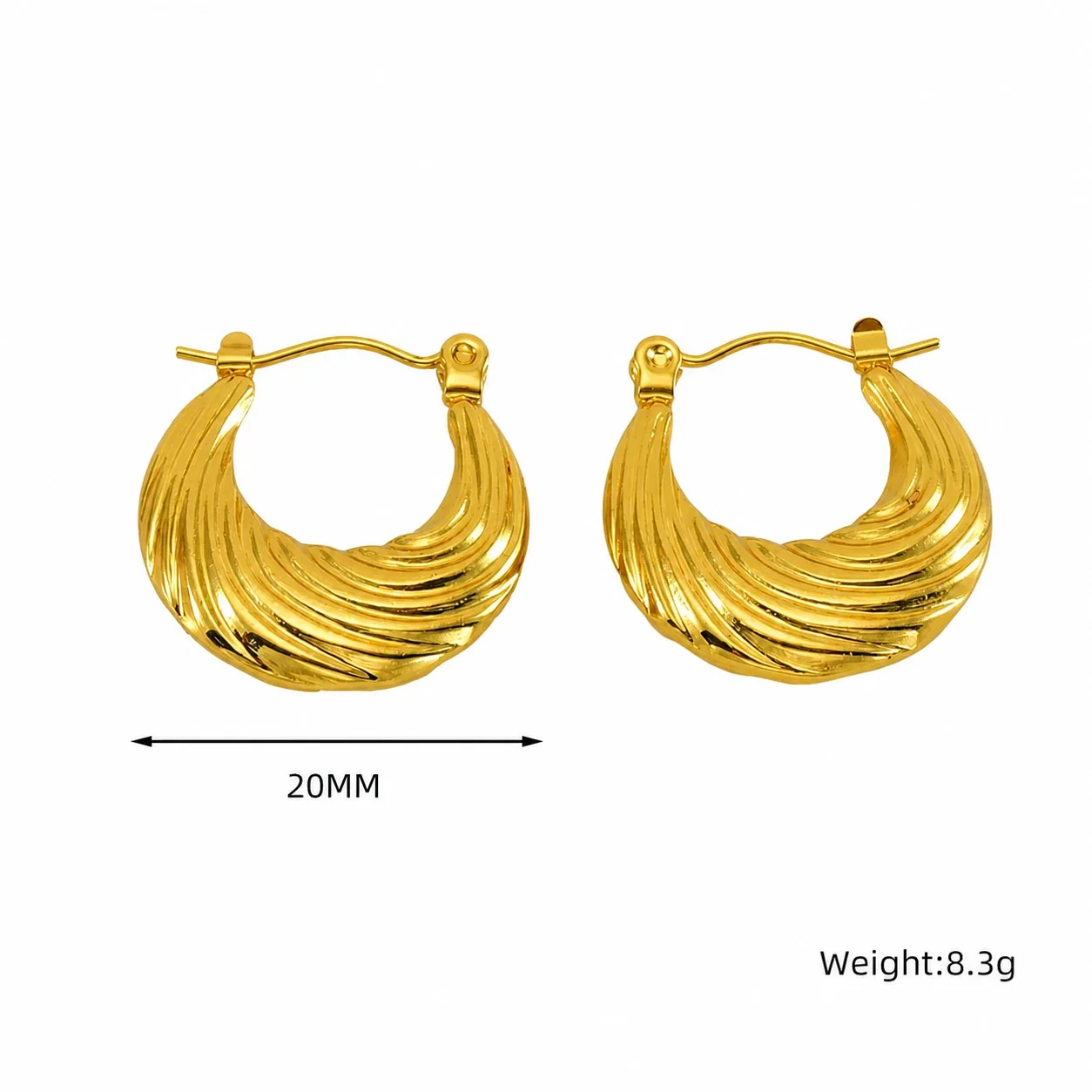 Sculpted Gold-Plated 316 Stainless Steel Ribbed Hoop Earrings - Gold Beaded Hoop
