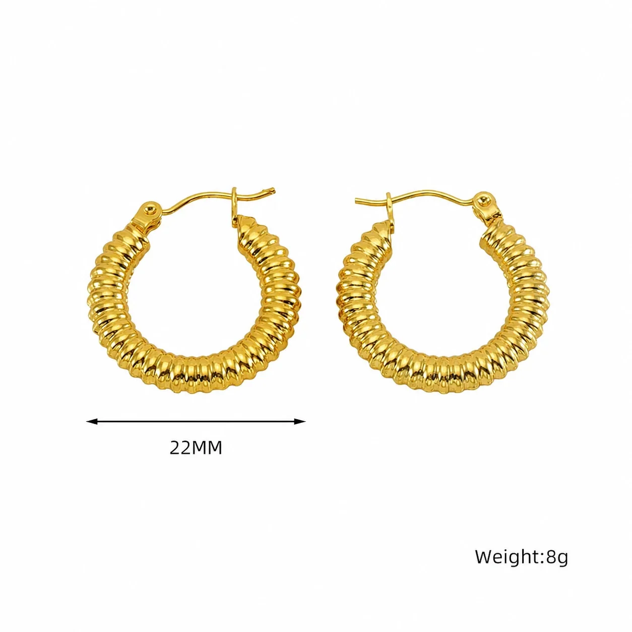 Sculpted Gold-Plated 316 Stainless Steel Ribbed Hoop Earrings - Gold Faceted Hoop