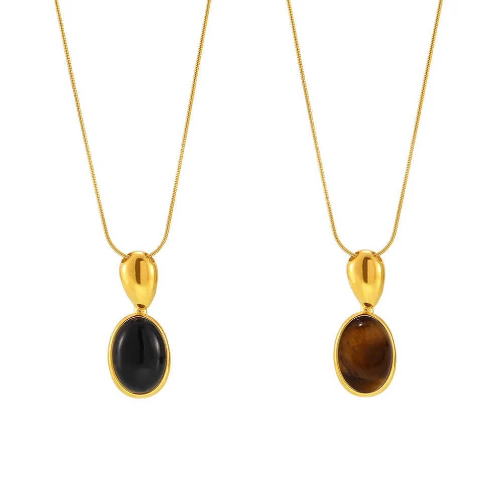 Polished Gold PVD Oval Bezel Stone Snake Chain Necklace
