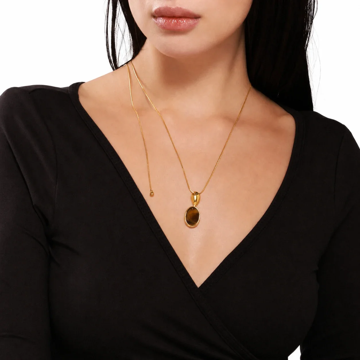 Polished Gold PVD Oval Bezel Stone Snake Chain Necklace