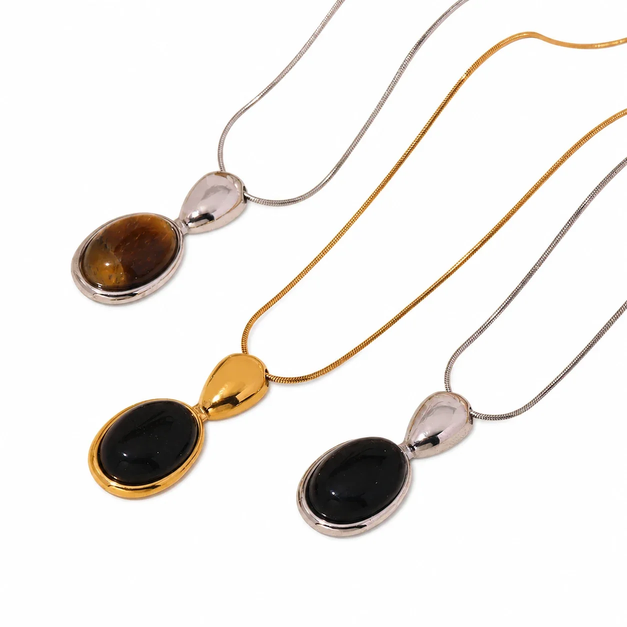 Polished Gold PVD Oval Bezel Stone Snake Chain Necklace