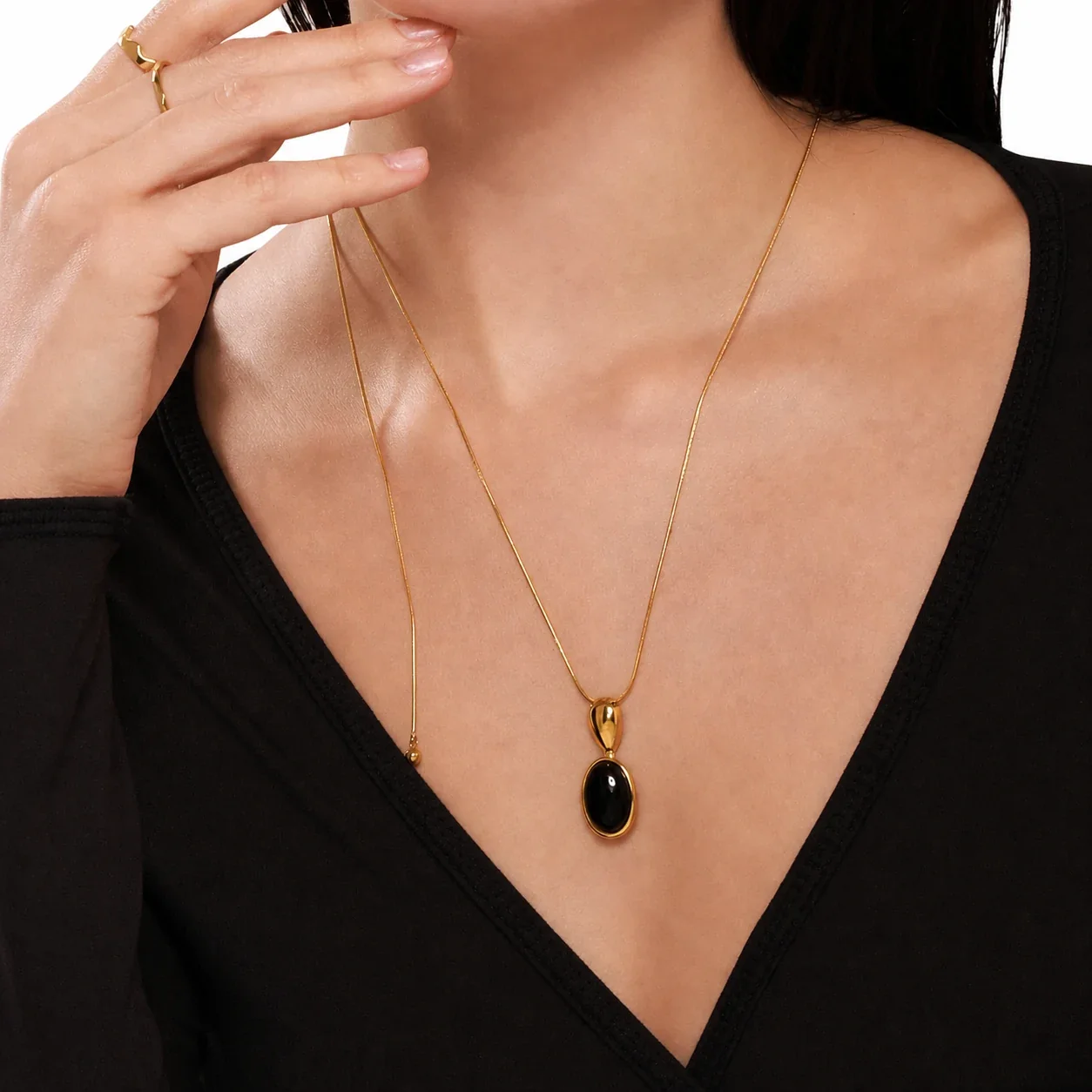 Polished Gold PVD Oval Bezel Stone Snake Chain Necklace