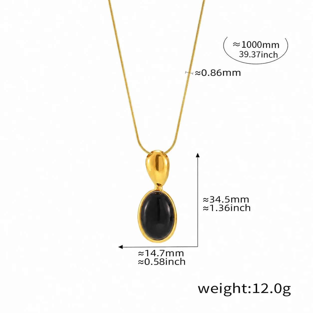 Polished Gold PVD Oval Bezel Stone Snake Chain Necklace - Gold Black Onyx cm