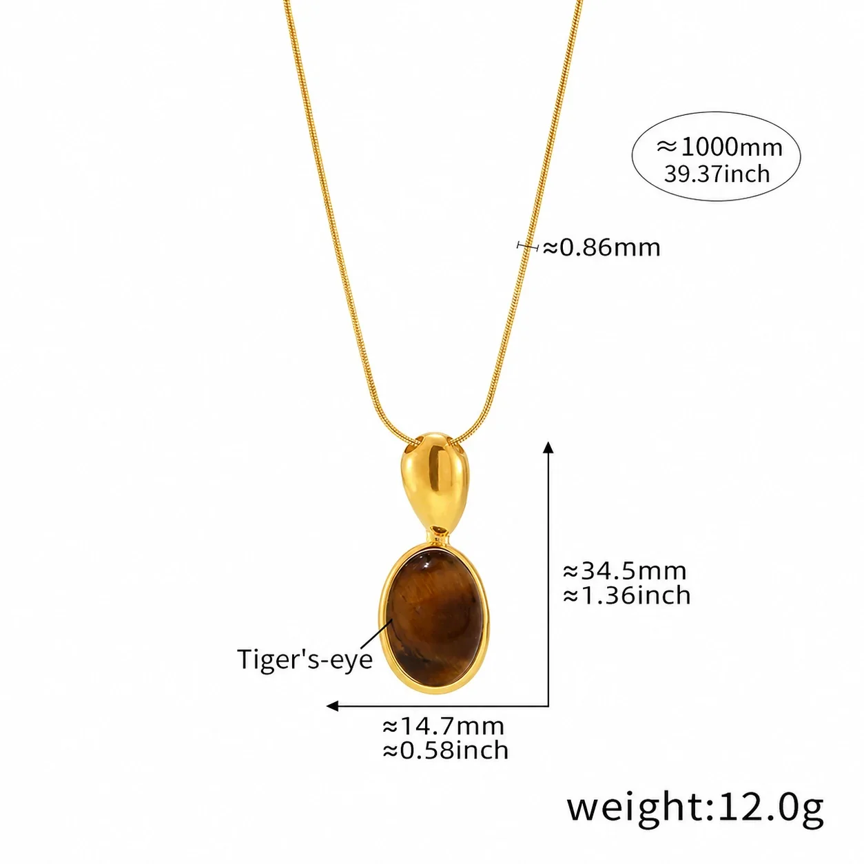 Polished Gold PVD Oval Bezel Stone Snake Chain Necklace - Silver Tiger Eye cm