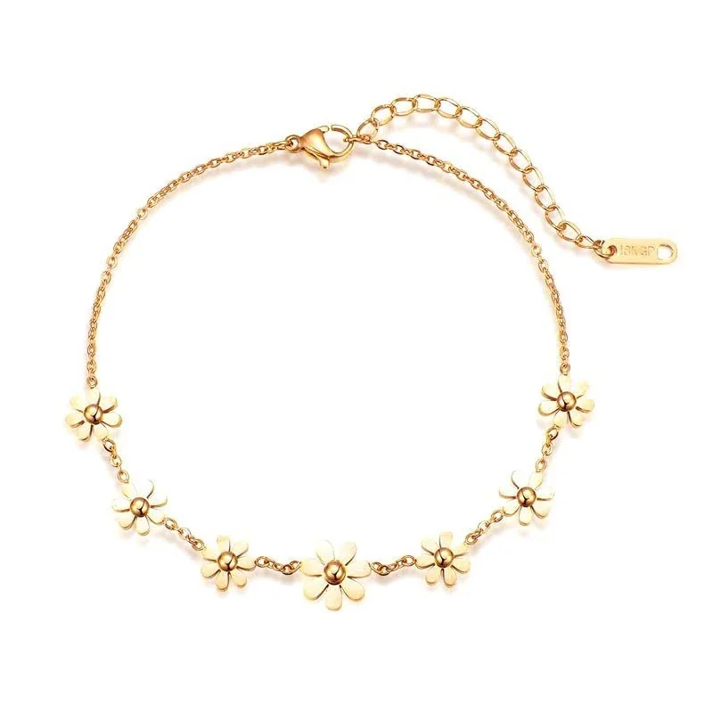 Seven Daisy Charm Anklet with Extender, Stainless Steel