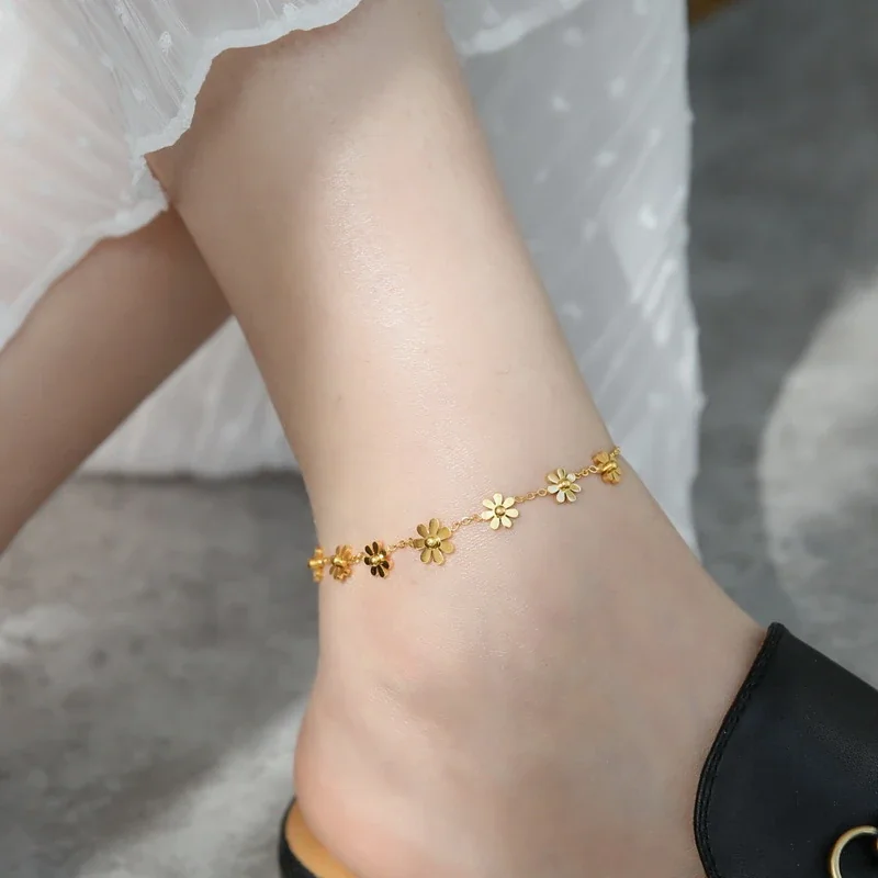 Seven Daisy Charm Anklet with Extender, Stainless Steel