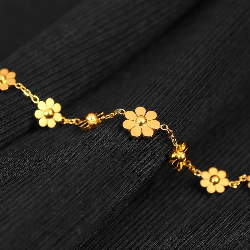 Seven Daisy Charm Anklet with Extender, Stainless Steel