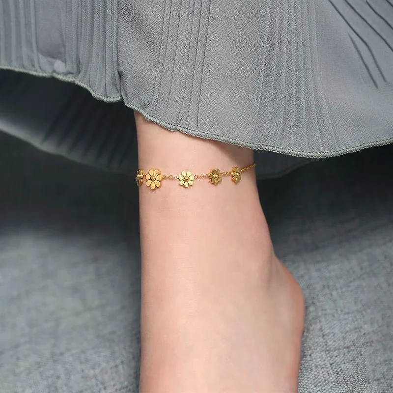 Seven Daisy Charm Anklet with Extender, Stainless Steel