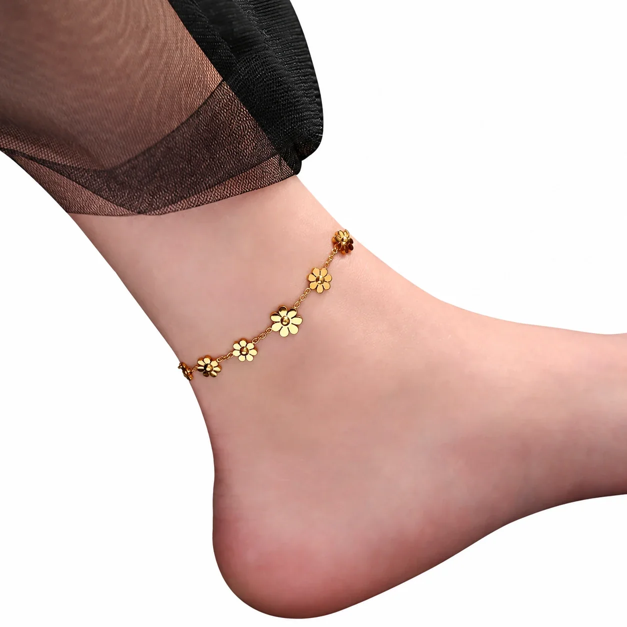 Seven Daisy Charm Anklet with Extender, Stainless Steel - Gold